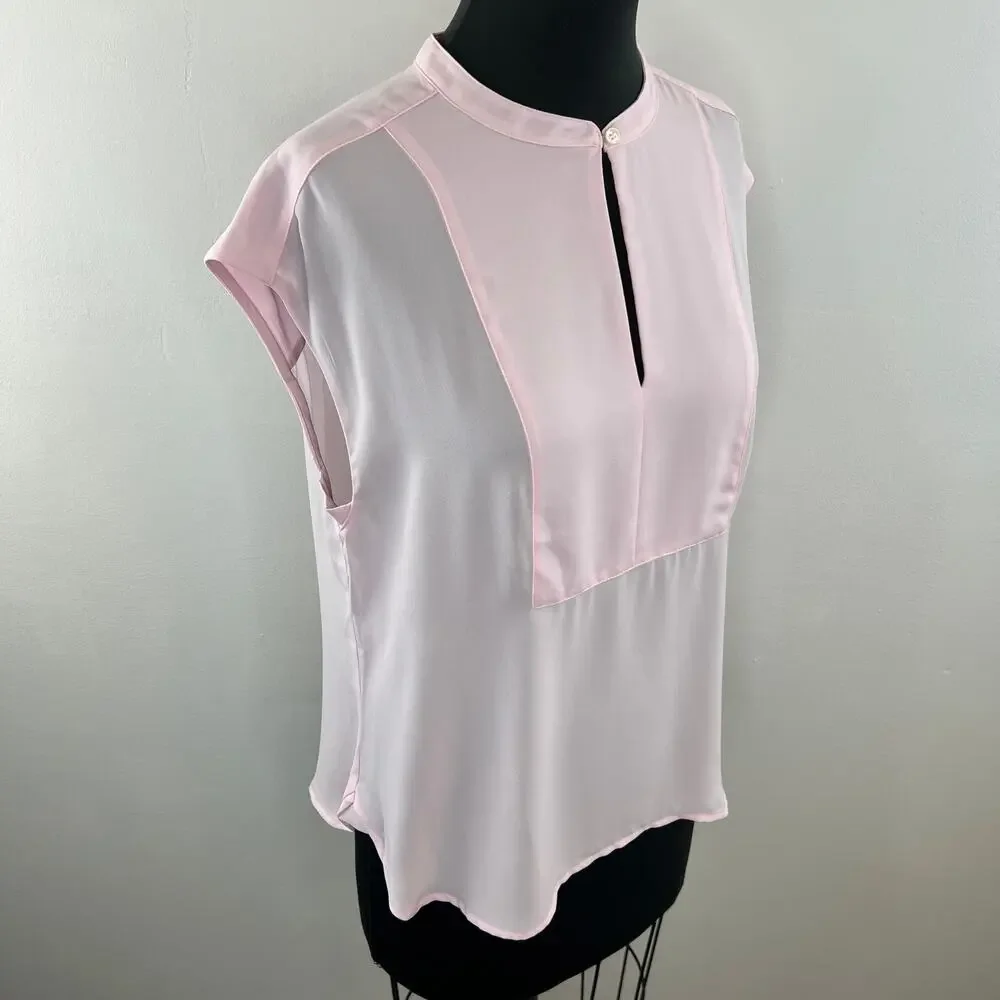 J. Crew 365 Drapey Cap-Sleeve Top Light Pink Slit Front Blouse Bib Front H8094 M